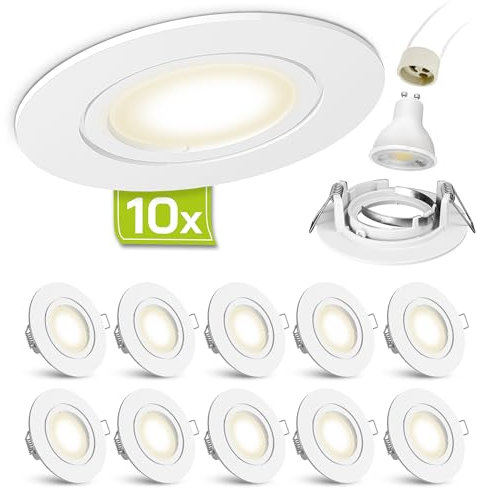 linovum 10 Stück LED Einbauleuchte Set weiß matt rund neutralweiß 6W 230V Deckenspots Anschluss ohne Trafo mit GU10 Fassung
