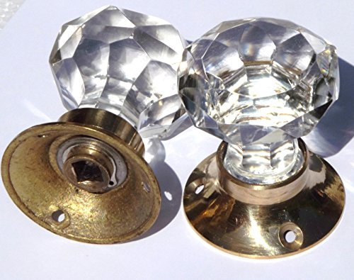 Peter Sharpe Crystal clear sparkling cut glass doorknobs brass base (one)