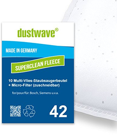 Dustwave® Lot de 10 sacs filtrants pour aspirateurs Bosch BSG 1500 Arriva - Fabriqués en Allemagne + micro-filtre inclus