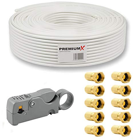 Premium X 50m BASIC Koaxialkabel 135dB 4-fach SAT Antennenkabel Koax-Kabel RG6 Satellitenkabel Abisolierer 10x F-Stecker 0,44 EUR/m