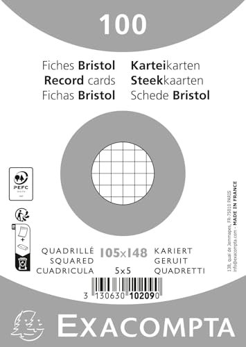 Exacompta - Réf. 10209E - Carton de 20 paquets de 100 fiches bristol quadrillées 5x5 non perforées - sous film - - format 105 x 148 mm - couleur blanc