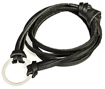 Black Leather Cord Necklace with Silver Coloured Round Metal Pendant - 1131