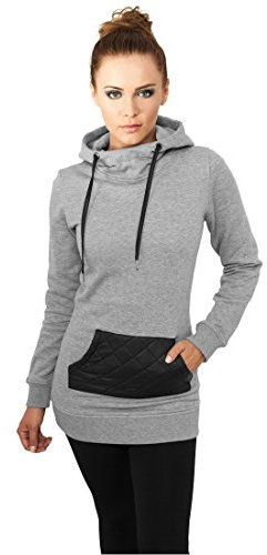 Ladies Long Leather Imitation Pocket Hoody gry/blk M