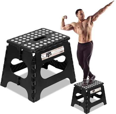Spranster Folding Step Stool, 11 Inch (28 cm) - Single Step, Non-Slip Plastic, Holds 136 kg (300 lb) - For Adults & Kids, Kitchen, Bathroom, Caravan & Camping - Folds Flat to 4 cm, Black