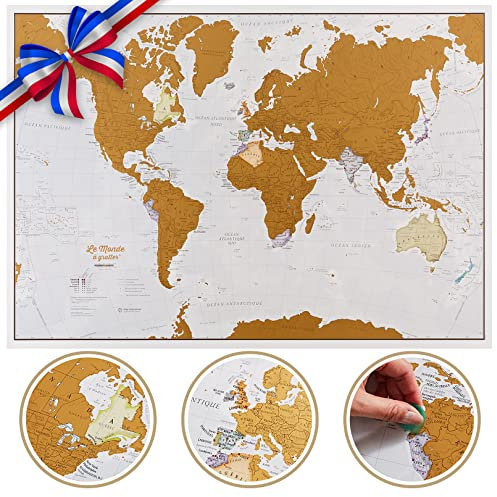 Carte du Monde à gratter en langue Française - Très grand format - 84 x 59 cm - Maps International : + de 50 ans d'expérience dans la cartographie - Éléments cartographiques détaillés