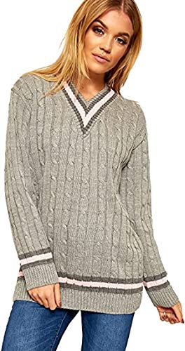 Womens New Long Sleeves Ladies Cable Knitted V Neck Stretch Cricket Sweater Jumper Top Plus Size Light Grey Size 20 - 22