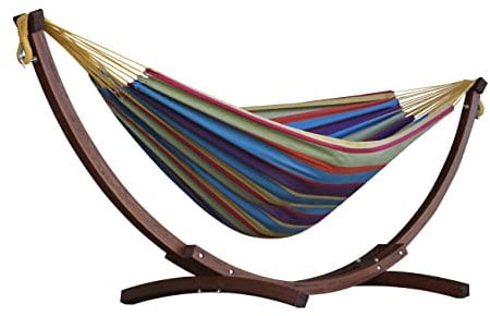 Vivere C8SPCT-20 Doppelhängematte aus Baumwolle mit stabilem Bogengestell aus Massivkiefernholz – Tropical, 254 x 117 x 104 cm