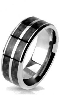 BlackAmazement Unisex Titan Ring Silber Center Carbon Inlay Schwarz Herren Damen Partnerring Ehering (55 (17.5))