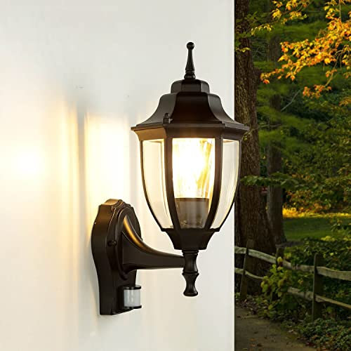 Licht-Erlebnisse Außenwandlampe mit Bewegungsmelder Glas Aluminium Schwarz IP44 Terrasse Balkon T:19,5 cm E27 Außenlaterne Garten LYON