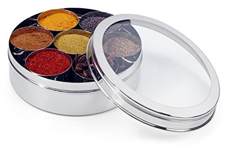 Zinel 7204 Stainless Steel Spice Box/Masala Dabba with 7 Comparments and Transparent Lid, 24cm, Silver