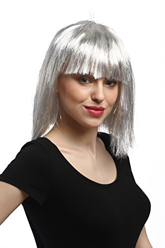 WIG ME UP - 90658-ZA68-silver Perücke Damen Karneval Halloween Schulterlang Pony Glatt Silber Grau mit Glitzer Lametta Disco Cyborg