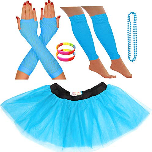 REDSTAR FANCY DRESS® Neon Tutu Skirt Leg Warmers Fishnet Gloves Necklace Beads and Neon Wrist Beads (8-12 UK, Turquoise)