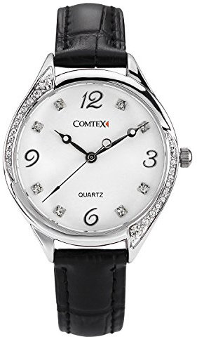 Comtex Damen Uhr Analog Quarz mit Schwarz Leder Armband Wasserdicht SYM140128W-BLK