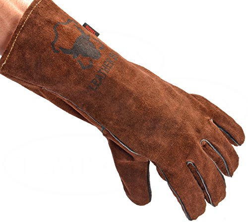 Leatherbull Kaminhandschuhe Ofenhandschuhe, Grillhandschuhe aus Leder | Kamin Grill Ofen | hitzebeständig mit langer Stulpe | Braun | Langlebig Größe L