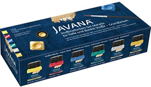 KREUL 92400 - Javana Stoffmalfarbe für helle und dunkle Stoffe, Grundfarbenset, brillante Farbe mit Metalliceffekt, pastoser Charakter, nach Fixierung waschbeständig, 6 x 20 ml Farbe und ein Pinsel