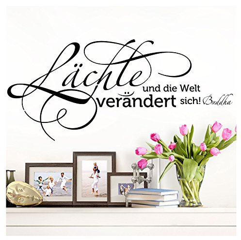 Grandora Wandtattoo Zitat Buddha Lächle und die Welt verändert Sich I weiß (BxH) 58 x 26 cm I Wohnzimmer Flur Aufkleber Wandaufkleber Wandsticker W994