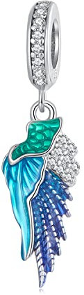 Schutzengel-Flügel-Charm, echtes 925er-Sterlingsilber, Feder-Anhänger, passend für Armbänder im europäischen Stil (klare Zirkonia-Herzflügel-Anhänger)