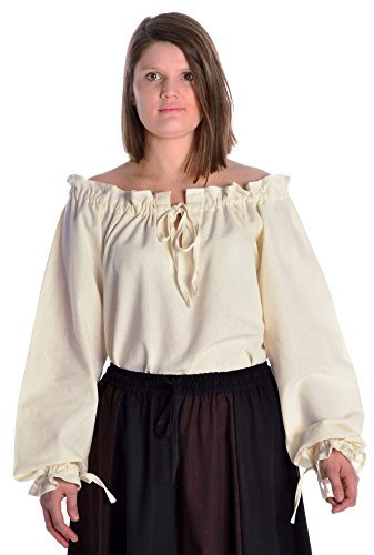 Hemad Blusa de algodón Medieval para Mujer - Escote con Volantes y Mangas – M Beige