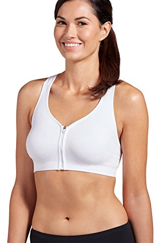 Jockey Women's Mid Impact Zip Front Sports Bra, Opaque, White, XL