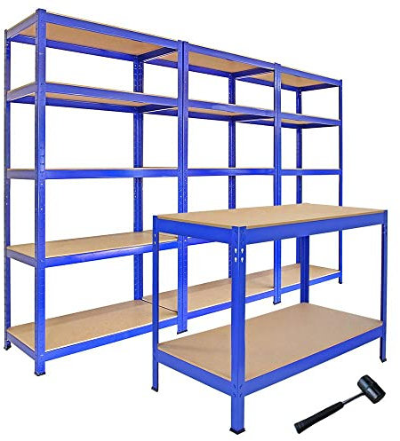 Monster Racking 3 x T-Rax Lagerregal & Q-Rax Werkbank im Set Hochleistungsregal Garagenregal Stahlregal Industrieregal Werkstattregal Steckregal Lagerregal 90cm x 45cm x 180cm Blau 100% Schraubenfrei
