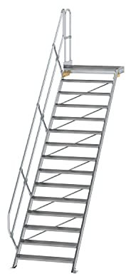 Aluminium-Treppe mit Plattform 45°, Stufenbreite/Stufentiefe 1000 / 240 mm Stufenanzahl 15, Senkrechte Höhe 3,12 m