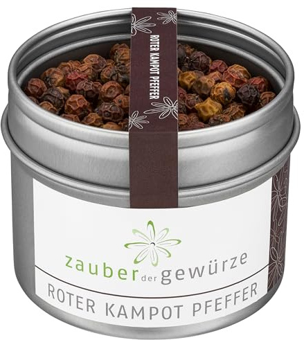 Zauber der Gewürze Echter Roter Kampot Pfeffer - rote Pfefferkörner aus Kambodscha für Wild, Geflügel und Fisch, Top-Qualität in wiederverschließbarer Aroma-Dose, 70 g