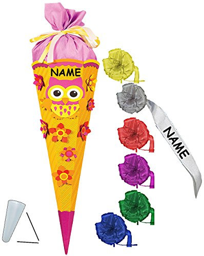 alles-meine.de GmbH BASTELSET Schultüte - lustige Eule & Blumen - 85 cm - incl. individueller Schleife + Name - mit/ohne Kunststoff Spitze - Zuckertüte - Set zum selber Bas..