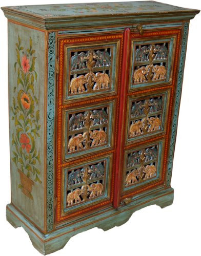 GURU SHOP Bemalter Elefantenschrank, Beistellschrank, Kommode mit Schnitzerei - Modell 1, Türkis, 96x78x33 cm, Kommoden & Sideboards