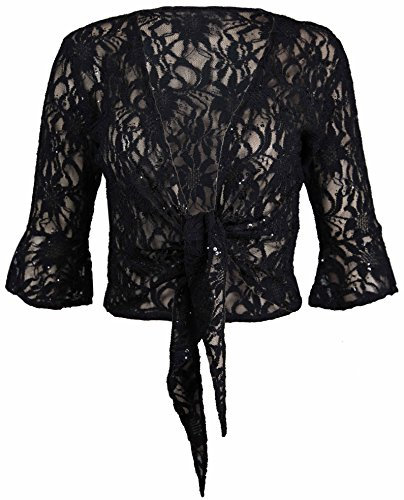 New Womens Floral Lace 3/4 Three Quarter Short Sleeve Ladies Front Tie Up Sequin Shrug Bolero Stretch Cropped Top Cardigan Plus Size Black Size 24-26