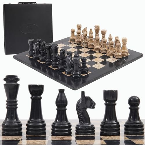 Radicaln Marmor-Schachspiel mit Aufbewahrungsbox, 15 Zoll, Schwarz und Fossile Koralle, handgefertigte Schachbrettspiele – Spiele für 2 Spieler für Erwachsene – 1 Schachbrett und 32 Schachfiguren