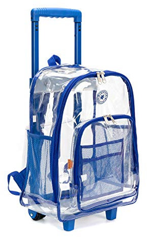 K-Cliffs Rollbarer transparenter Rucksack, robuste Büchertasche, Qualität, durchsichtig, Arbeitstasche, Reisetasche, Tagesrucksack, transparente Schultasche mit Rädern, königsblau, 43,18 cm, Auf
