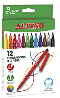 Alpino 12 Rotuladores de Colores | Punta Resistente de 3mm para Colorear | Tinta Súper Lavable y de Larga Duración | Estuche de Rotuladores de Colores Brillantes | Material Escolar