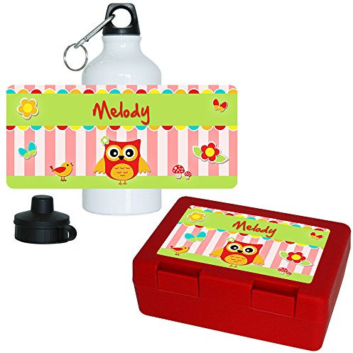 Eurofoto Brotdose + Trinkflasche Set mit Namen Melody und Eulen-Motiv für Mädchen | Aluminium-Trinkflasche | Lunchbox | Vesper-Box