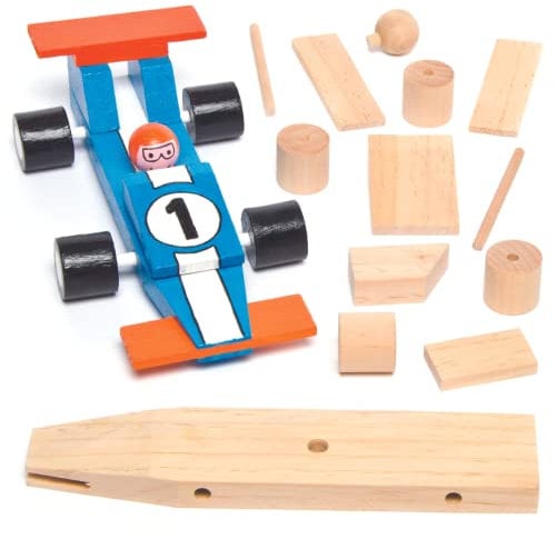 Baker Ross AG769 Rennwagen-Bastelsets aus Holz für Kinder zum Basteln und Dekorieren als Geschenk zum Vatertag (2 Stück), Holzfarben, 17,5 cm, 2 Pack