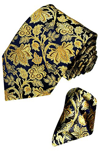 Lorenzo Cana - Mondaenes Set aus 100% Seide : Krawatte mit Einstecktuch - blau gold floral Blätter mit Tuch - 8421201