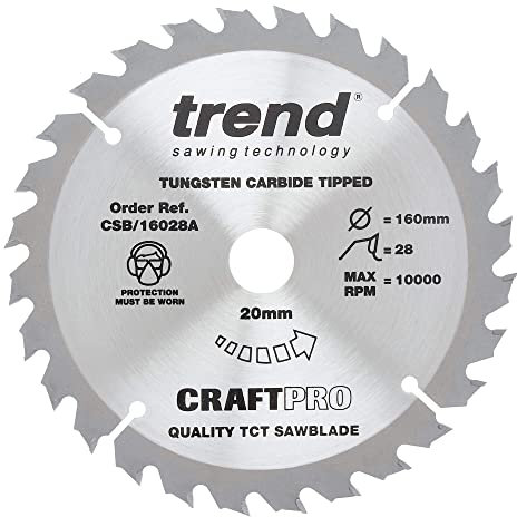 Trend Wood Circular Saw Blade, 160mm Diameter, 20mm Bore, 28 Teeth, 2.2mm Kerf, +15° Hook, TCT, Medium Finish, CSB/16028A