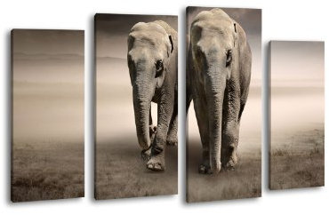 Leinwandbild Elefantentraum LW188 Wandbild, Bild auf Leinwand, 4 Teile, 180x100cm, Kunstdruck Canvas, XXL Bilder, Keilrahmenbild, fertig aufgespannt, Bild, Holzrahmen, Elefanten, Afrika, Steppe,