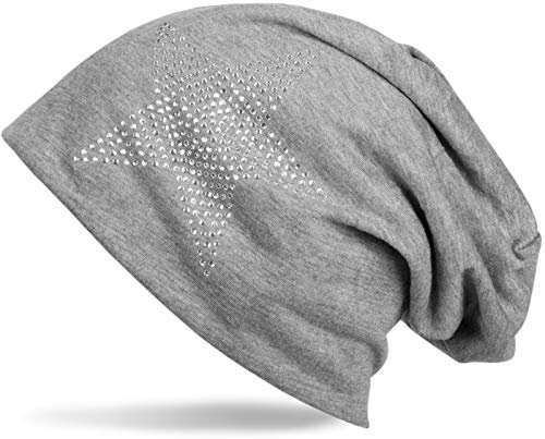 styleBREAKER Klassische leichte Unisex Beanie Mütze mit Stern Strass Applikation 04024019, Farbe:Grau meliert