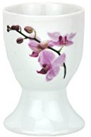 Van Well Eierbecher Kyoto, rund Ø 50 mm, H 70 mm, Eierständer hoch, Egg Cup, weißes Porzellan-Geschirr, Blumen-Dekor Orchidee, rosa-rot, pink, Gastro