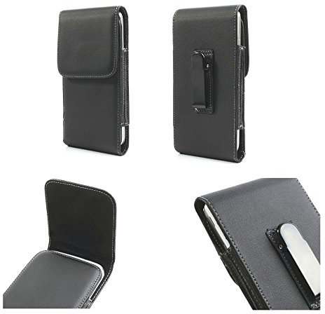 DFV mobile - Leather flip belt clip metal case holster vertical for Fujitsu Disney Mobile - Black