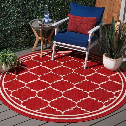 SAFAVIEH Washable Rug Outdoor Courtyard Collection - 6'7 Round, Red & Beige, Non-Shedding & Easy Cleaning, Ideal for Patio, Backyard, Mudroom (CY6889-248)