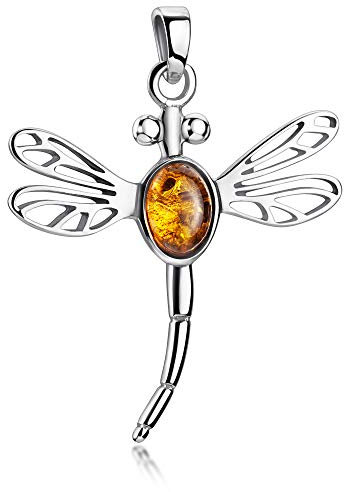 MATERIA 925 Silber Kettenanhänger Libelle 25x34mm - Damen Anhänger Bernstein für Halskette #KA-39