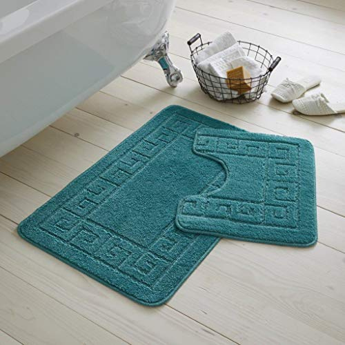 De Lavish Bath Mat Set 2 Piece Non Slip Rubber Pedestal and Bath Mat Set Toilet Greek Bathroom Rug New (Dark Teal)