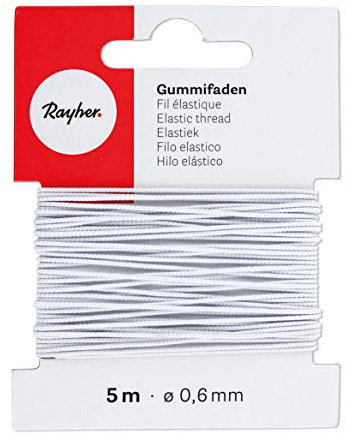 Rayher 8909002 Gummifaden, 0,6 mm ø, Karte 5 m, weiß, elastische Gummischnur zum Nähen von Behelfsmasken, für Armbänder usw.
