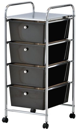 VonHaus Storage Trolley, 4 Drawer Black Wheeled Makeup Trolley, Durable Storage with Plastic Drawers, Chrome Frame & 360° Wheels, Versatile Organiser for Bedroom, Bathroom, Home Office