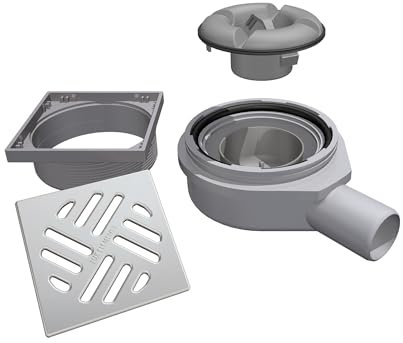 LUX ELEMENTS Waagerechter Ablauftopf TUB-BAW-S I Ablauftopf mit Rost 13 x 13 cm aus Edelstahl inkl. Geruchsverschluss für Duschböden mit Punktablauf