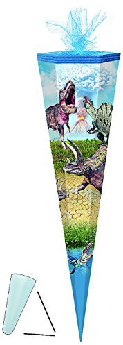 alles-meine.de GmbH Schultüte - Dinosaurier Dinotopia - 50 cm - rund - Tüllabschluß - mit/ohne Kunststoff Spitze - Zuckertüte - für Jungen Tyrannosaurus Rex - Dino Vulkan D..
