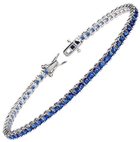Franki Baker Facetted Blue Square Cut Sapphire Coloured CZ Crystal Sterling Silver Tennis Bracelet. Length 19cms