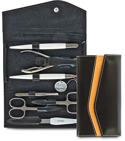 nippes Solingen Premium Line Maniküre Set Seam, 7-teilig, Edelstahl nickel- & rostfrei, Schwarzes Rindsleder-Nageletui mit Kontraststreifen, Nagelpflege Set, Made in Solingen/Germany