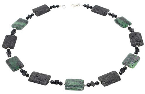 Kette Collier aus Rubin-Zoisit & Lava & Onyx schwarz-grün 925 Silber Halskette Edelsteinkette